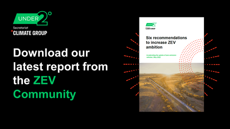 Text: Download our latest report from the ZEV Community. Black background. Under2 Coalition logo in top left. Image of report on right. 