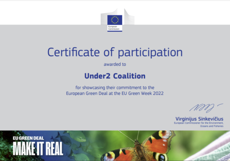 Certificate of participation for the Under2 Coalition's involvement in EU Green Week