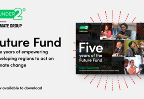 Future Fund report promo with text: Five years of empowering developing regions to act on climate. Report front page to right. Under2 Coalition logo in top left. 